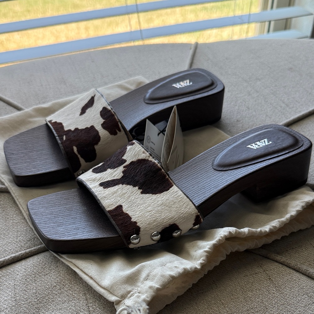 Zara Brown and White Cow-Print Slide Sandals - Picture 3 of 4